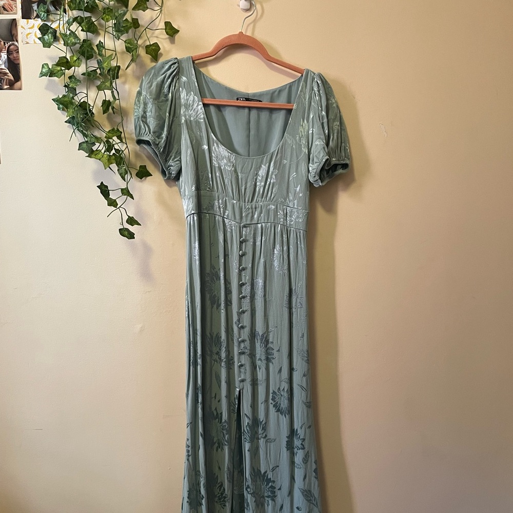 Zara sage green midi dress w flowers (satin material)